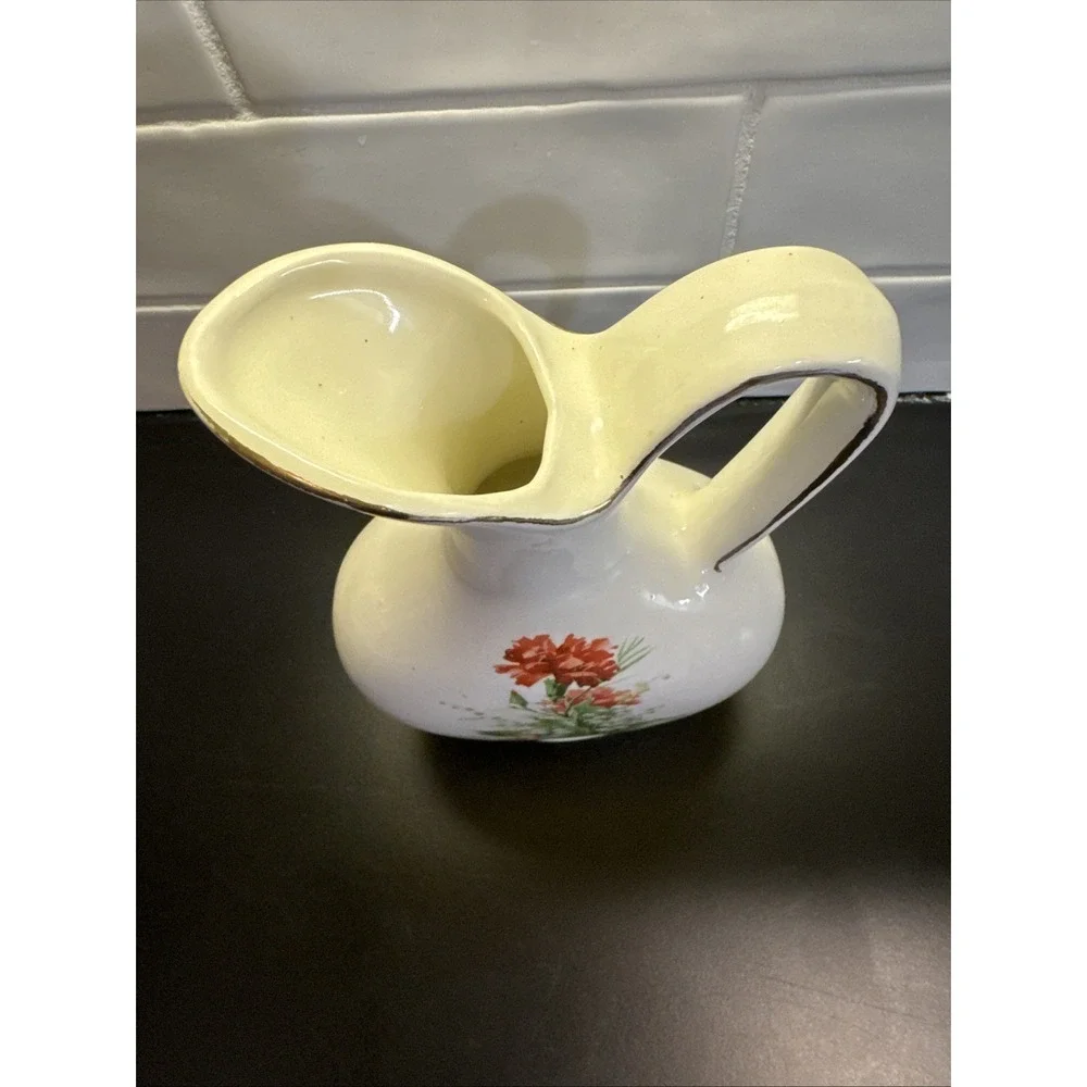 Vintage Porcelain Glazed Pitcher‎ Vase Gold Trim  Floral lily-of-the-valley 8.5